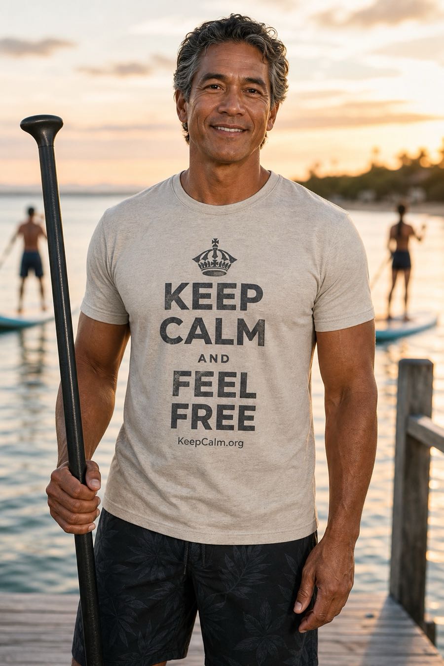 KEEP CALM AND FEEL FREE on a tees, worn by a man, paddleboard dock