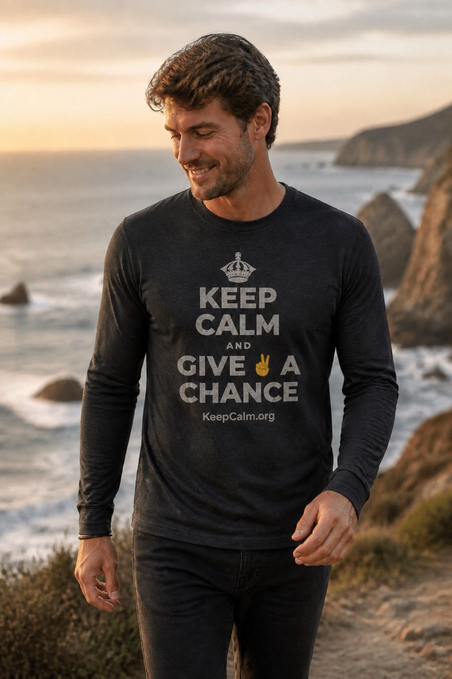 KEEP CALM AND GIVE ✌️ A CHANCE on a longsleeve, worn by a man, coast