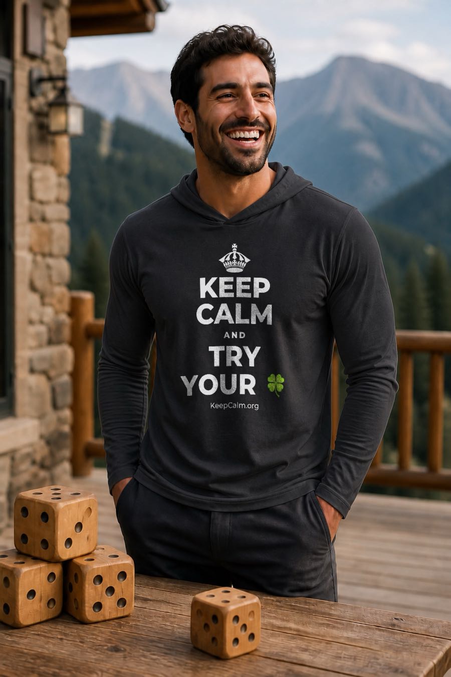 KEEP CALM AND TRY YOUR 🍀 on a hoodies, worn by a man, mountain porch
