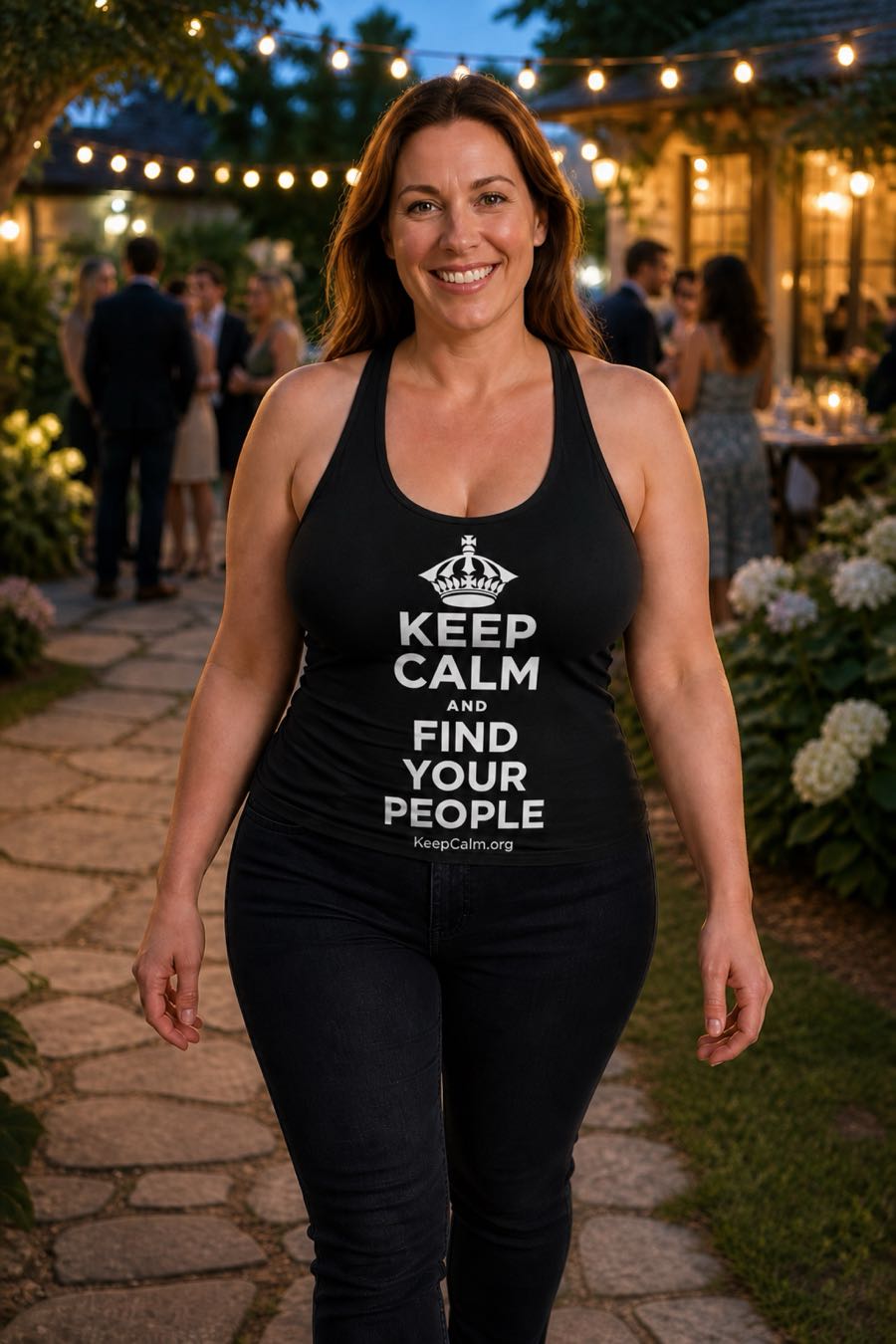 KEEP CALM AND FIND YOUR PEOPLE on a tanks, worn by a woman, evening garden